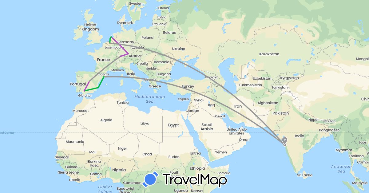 TravelMap itinerary: driving, bus, plane, train in Belgium, Switzerland, Germany, Spain, India, Netherlands (Asia, Europe)